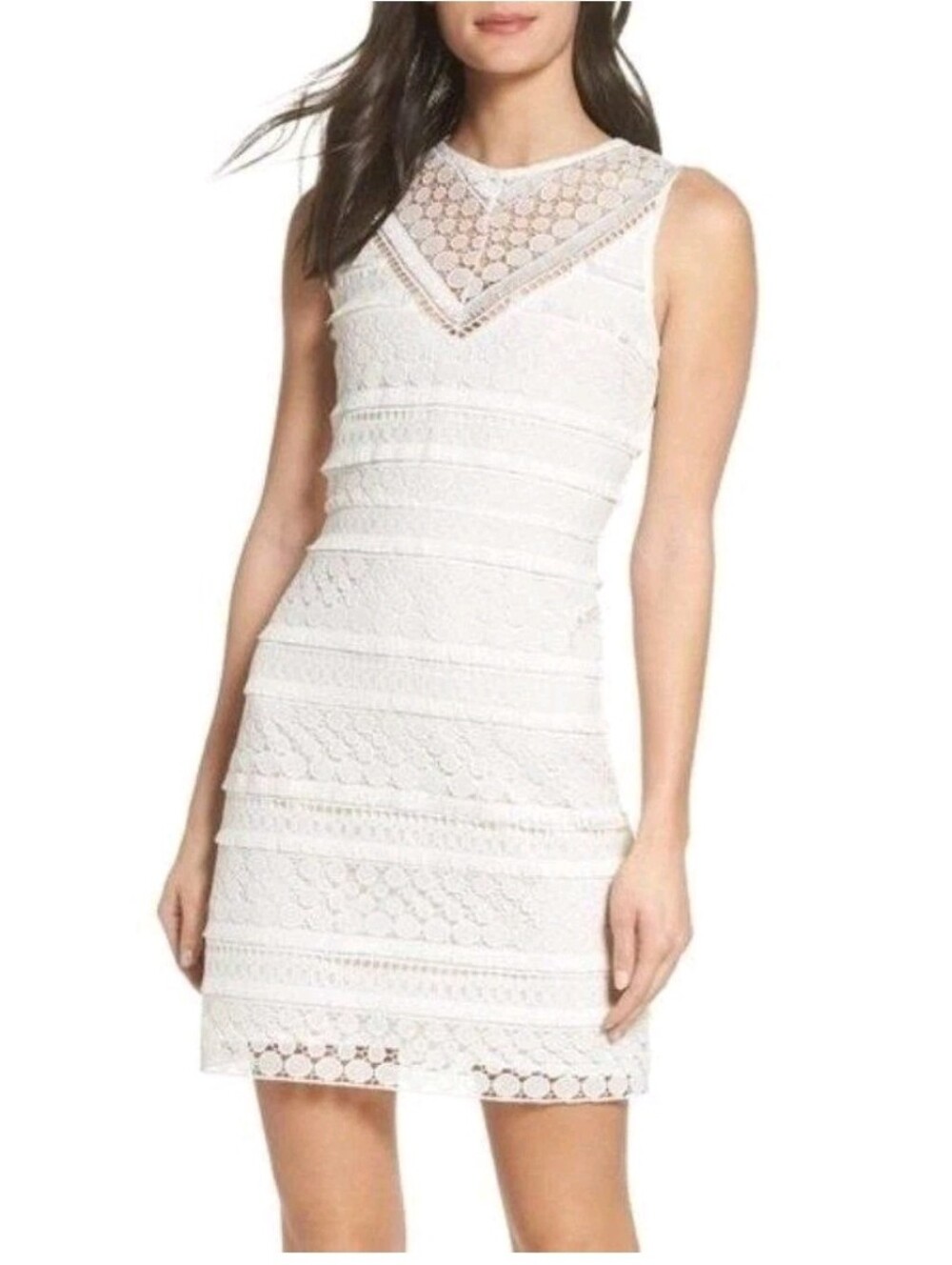 Sam Edelman White Lace Fringe Sheer Neck Sleeveless Sheath Dress, 12